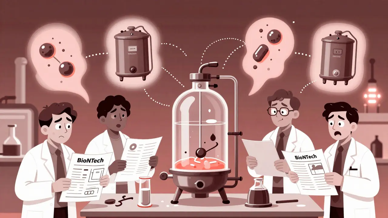 South African scientists surrounded by missing vaccine components, connected by broken lines to Germany.