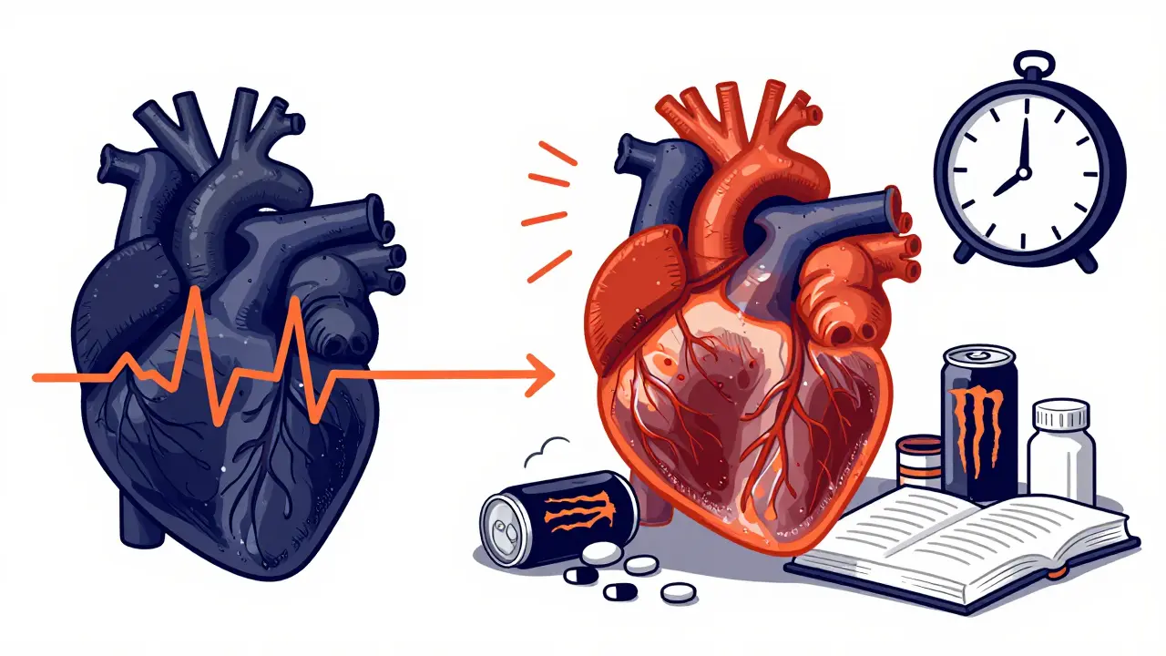 Split illustration of a healthy heart versus a stressed heart surrounded by energy drinks and pills.