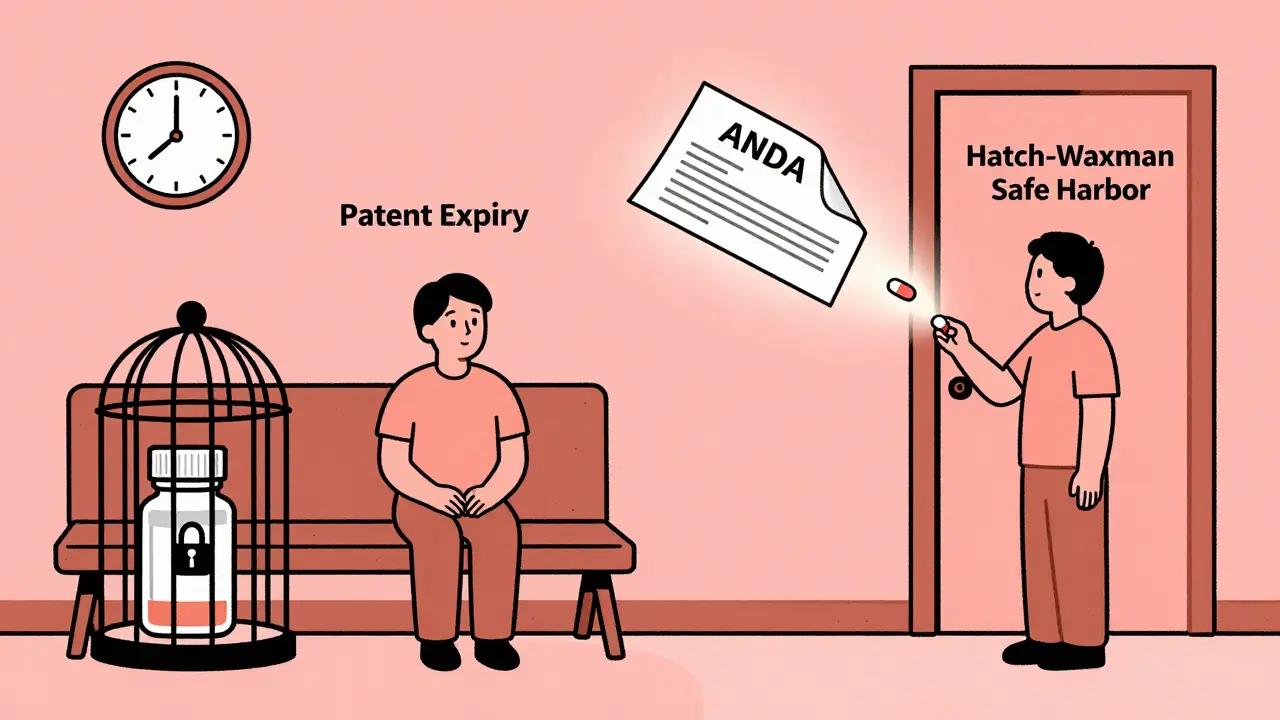 Split illustration showing patient waiting for generic drugs before and after Hatch-Waxman law.