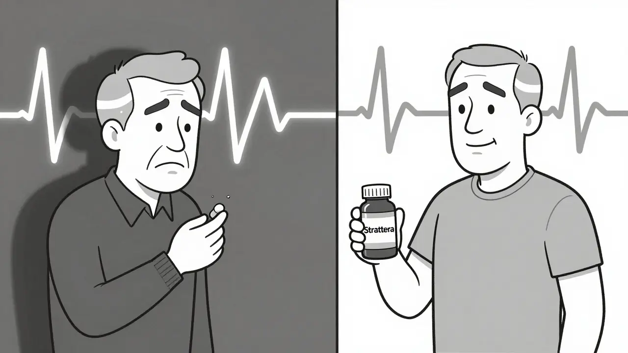Split image showing a person choosing between stimulant and non-stimulant ADHD medication with contrasting ECG patterns.