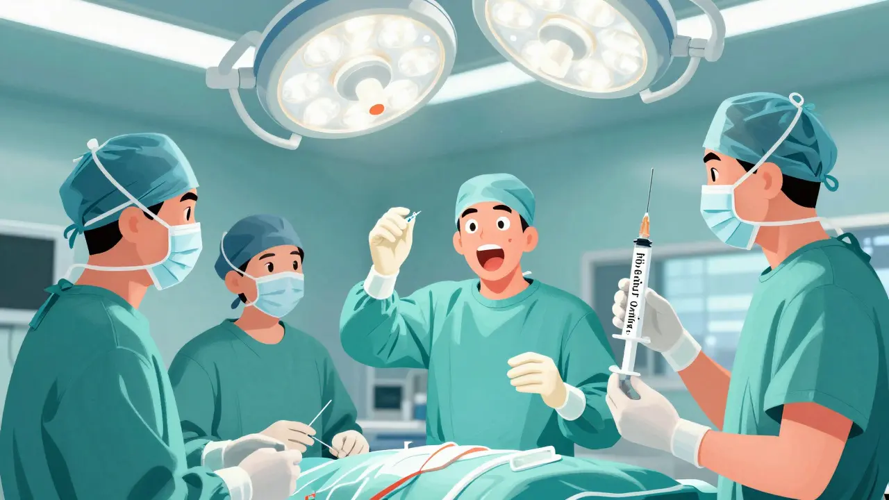 Surgical team confirming a syringe label while discarding an unlabeled one in the operating room.