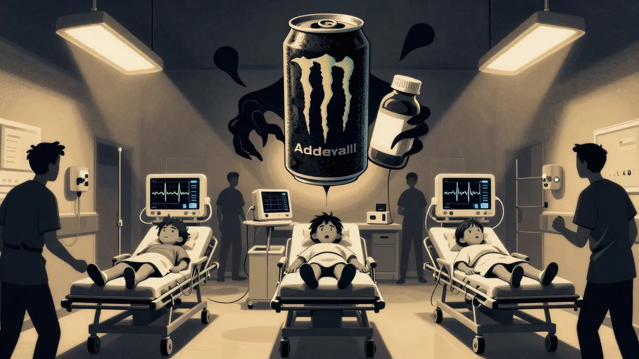 Three young patients in an ER with erratic heart monitors, giant energy drink and pill monster above.