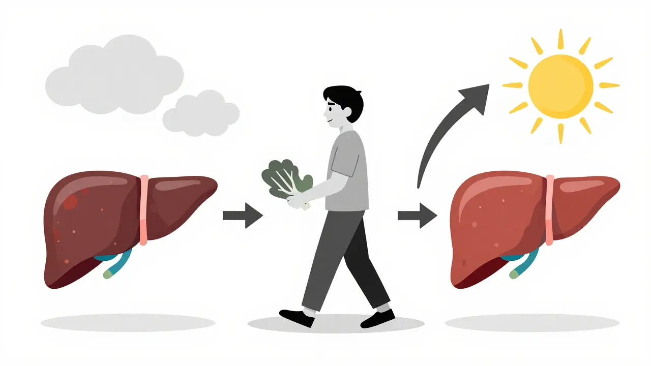 Timeline showing fatty liver transforming into healthy liver through diet, exercise, and progress.