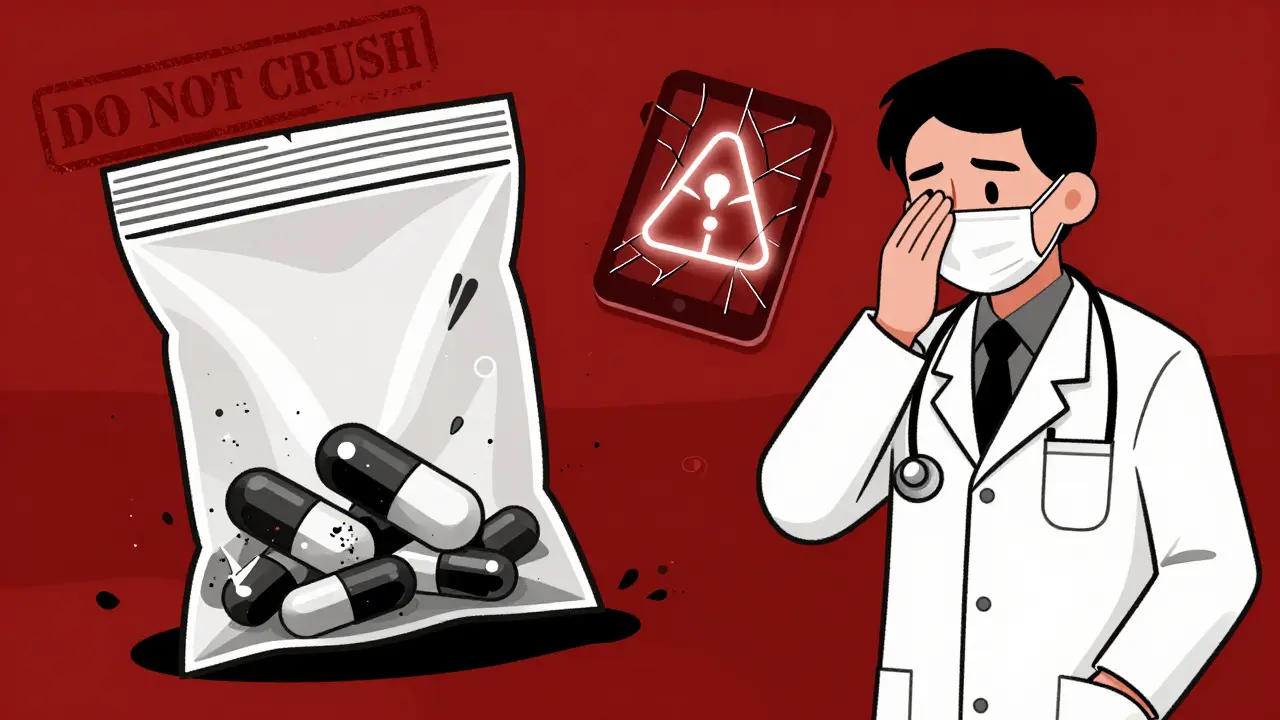 Toxic dust spreading from crushing a hazardous pill in a ziplock bag, with a 'DO NOT CRUSH' warning visible.