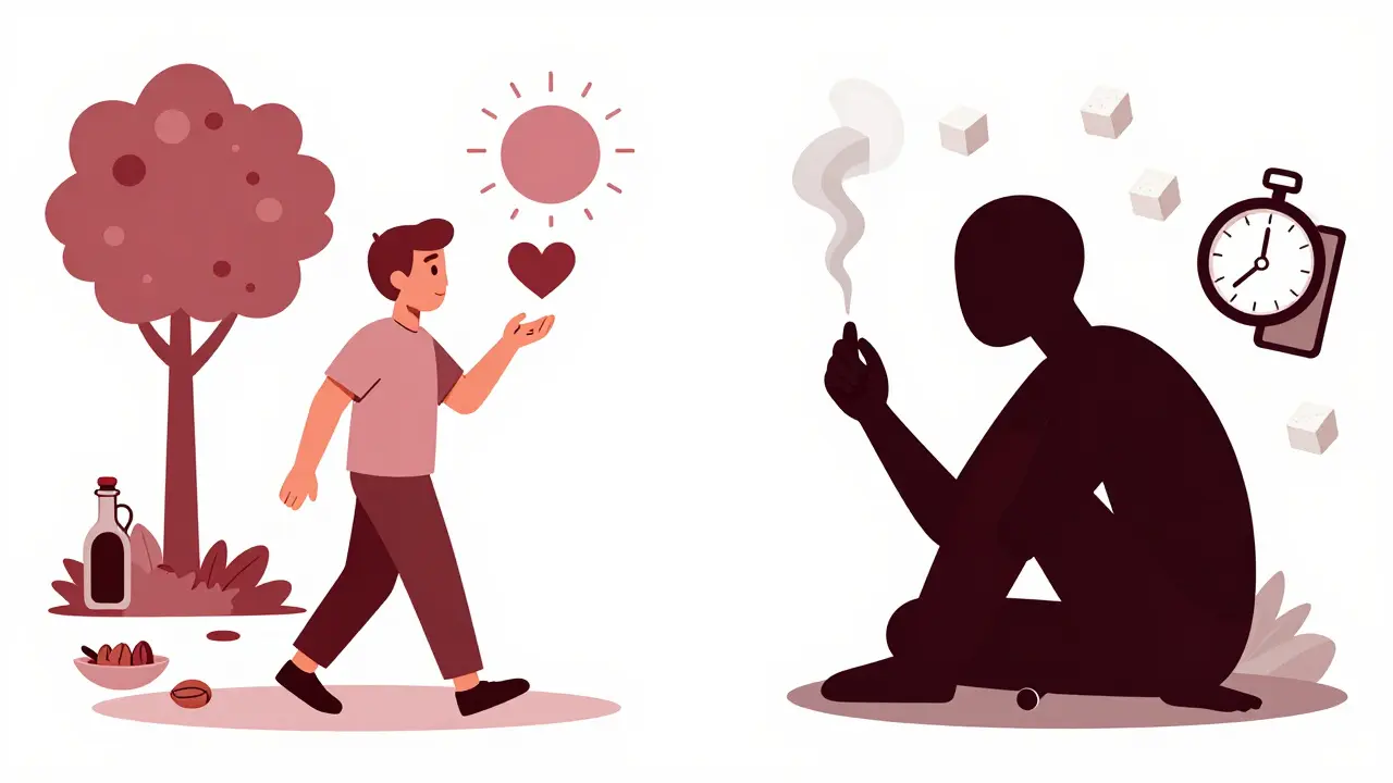 Two lifestyle paths: healthy eating and walking vs. smoking and stress, in duotone illustration.