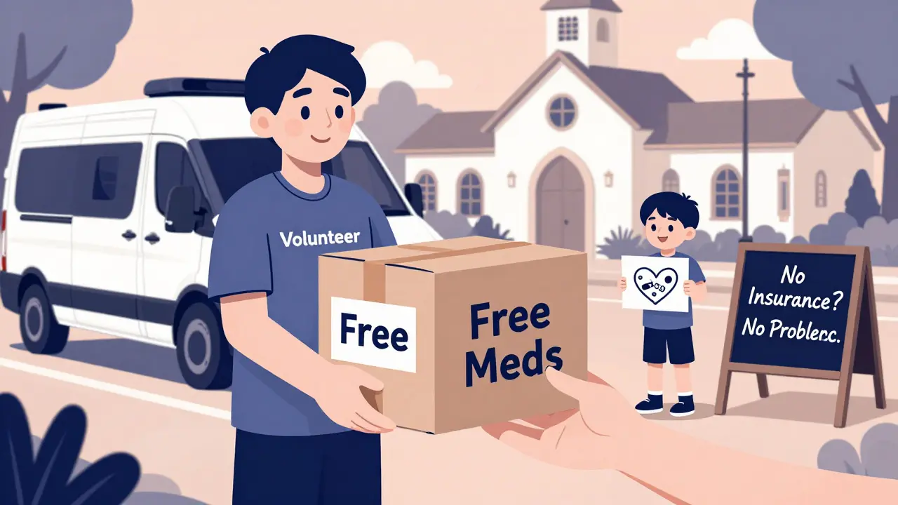 Volunteer giving a box of free meds to a person outside a mobile clinic near a church.