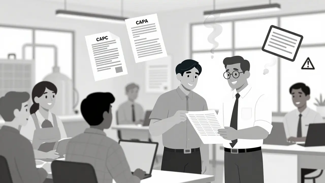 Workers train together reviewing batch records, with digital tools and warning letters fading away in a duotone setting.