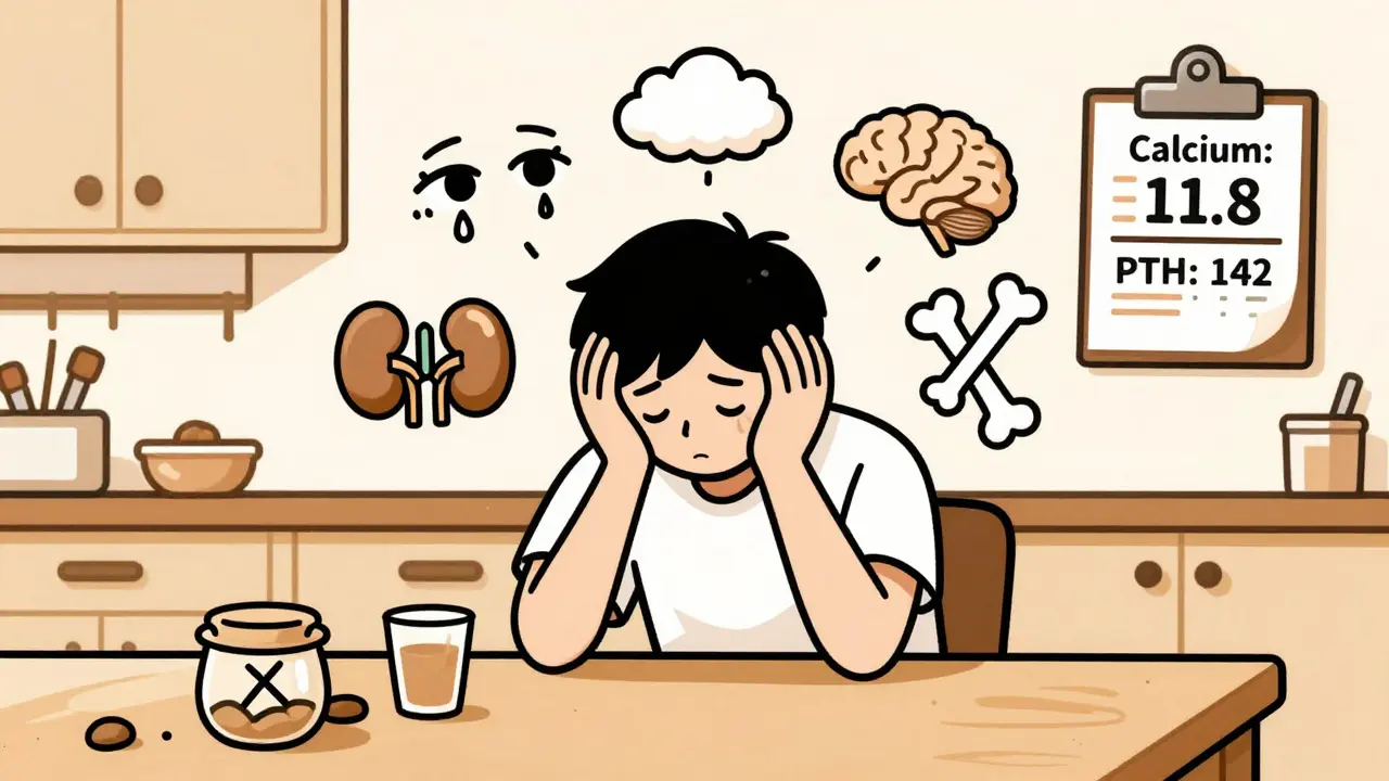 A person with brain fog and kidney stones, surrounded by medical test results showing dangerously high calcium and PTH levels.