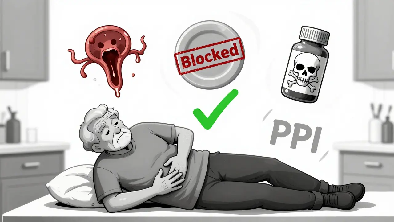 An elderly person collapsing as ghostly symbols of bleeding risk loom, with a bright PPI checkmark offering prevention.