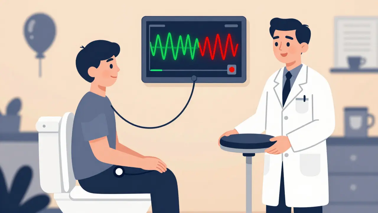 Biofeedback therapy session showing pelvic muscle activity on a screen, with footstool and medical symbols.