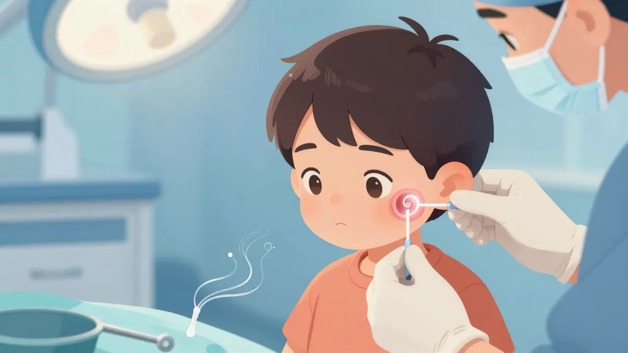 Child receiving ear tube surgery with fluid draining, surgeon performing precise procedure.