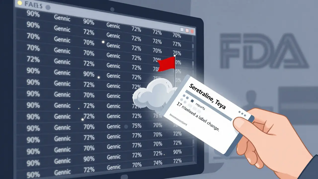 Digital FAERS database with mostly untagged generic reports, one labeled report triggering a safety warning flag.