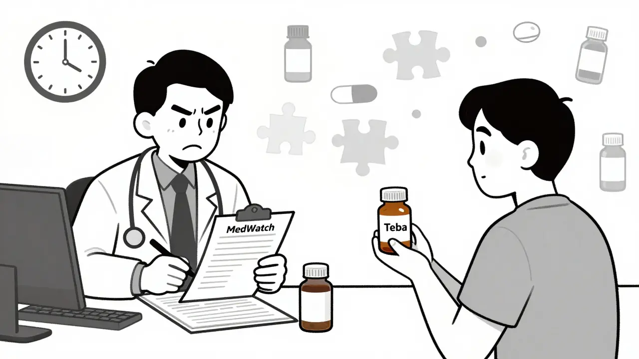 Doctor filling out a time-sensitive MedWatch form while patient stares at generic pill bottle with no manufacturer info.