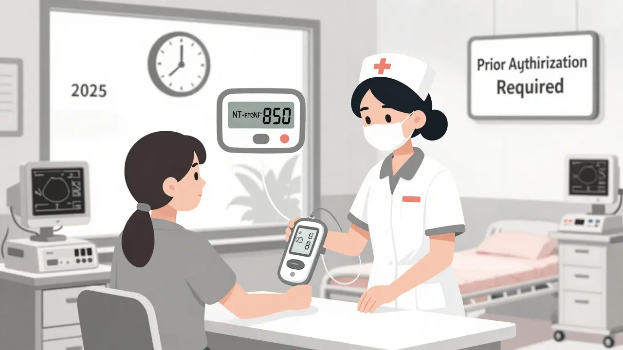 Nurse using a point-of-care device in a rural clinic, with 2025 authorization notice in background.