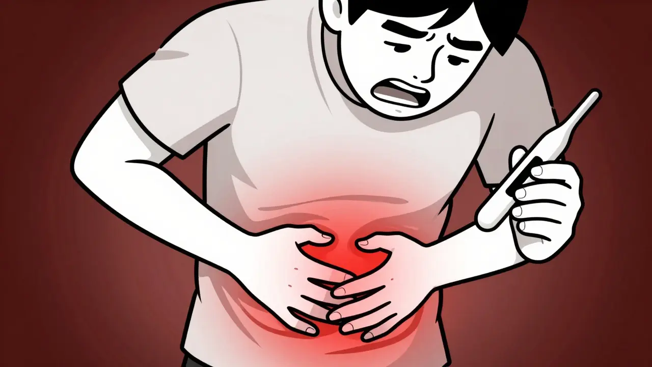 Person clutching lower abdomen with redness and fever