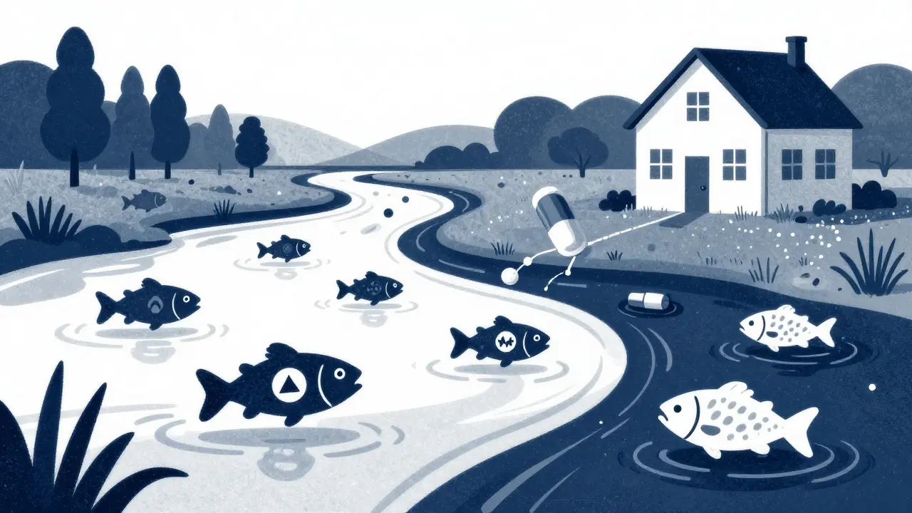 Polluted river with resistant bacteria harming aquatic ecosystems.