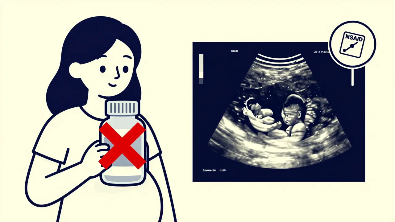Pregnant woman with red X over NSAID medicine while healthy ultrasound glows beside her.