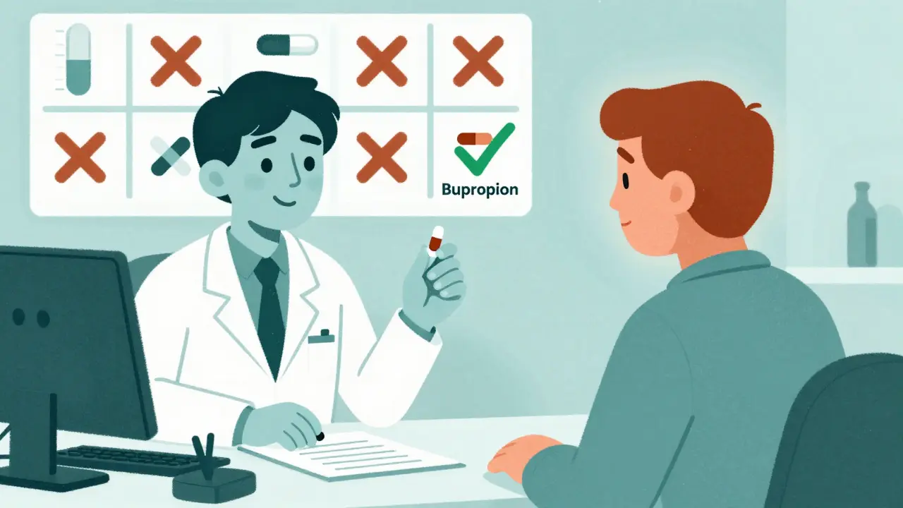 Psychiatrist holding MAOI and bupropion pills beside a calm patient, with failed antidepressants marked X on the wall behind.