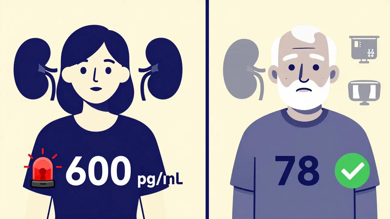 Side-by-side illustration of young and elderly patients with same NT-proBNP level, showing age-based interpretation.