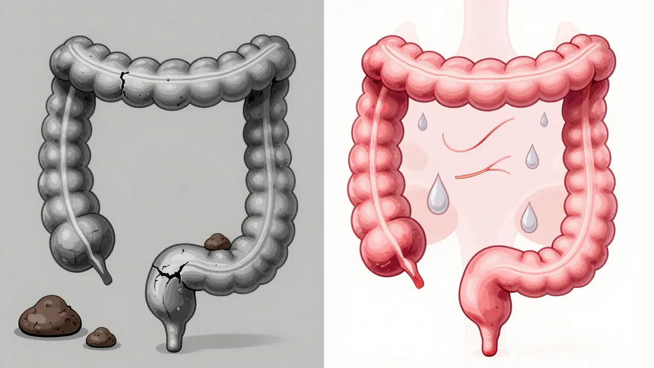 Split illustration of a sluggish colon with hard stool versus a healthy colon with soft stool and water.