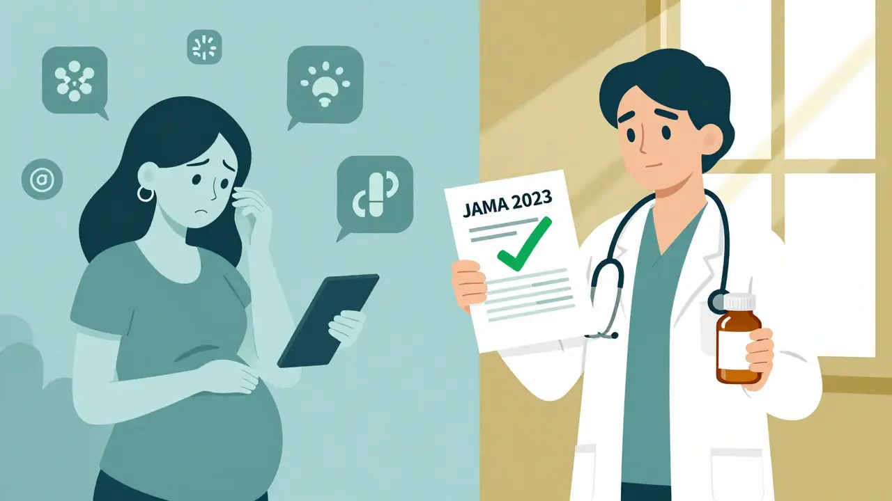 Split scene: worried woman on social media vs. doctor holding research paper with acetaminophen bottle.