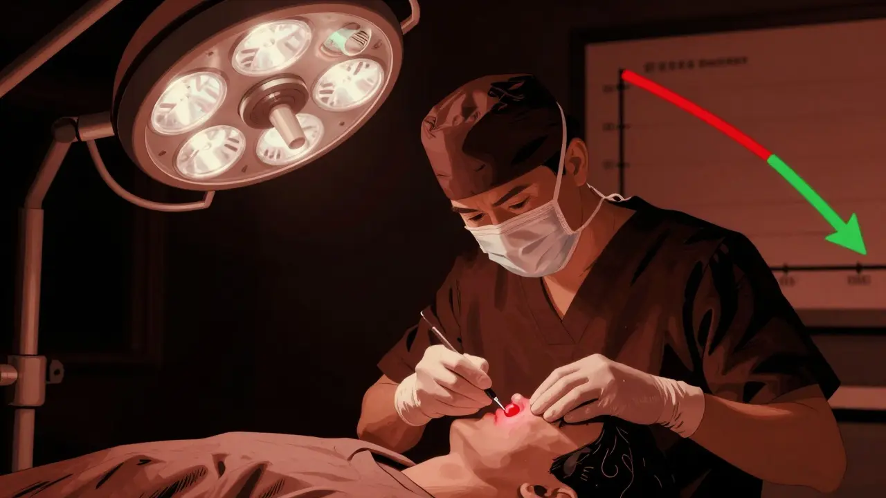 Surgeon removing a glowing parathyroid gland, with bone density and calcium levels improving in the background.