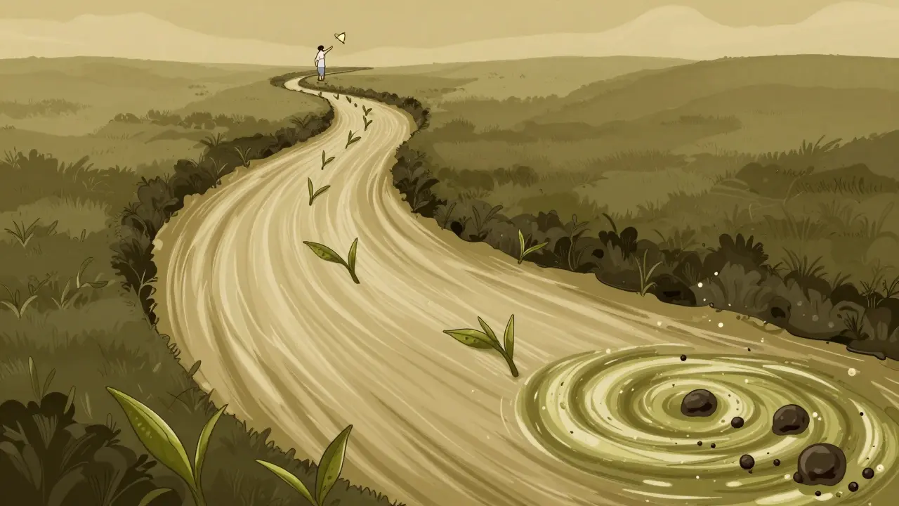 A bloodstream with green tea leaves flowing calmly or chaotically, symbolizing safe vs. risky intake in duotone cartoon style.