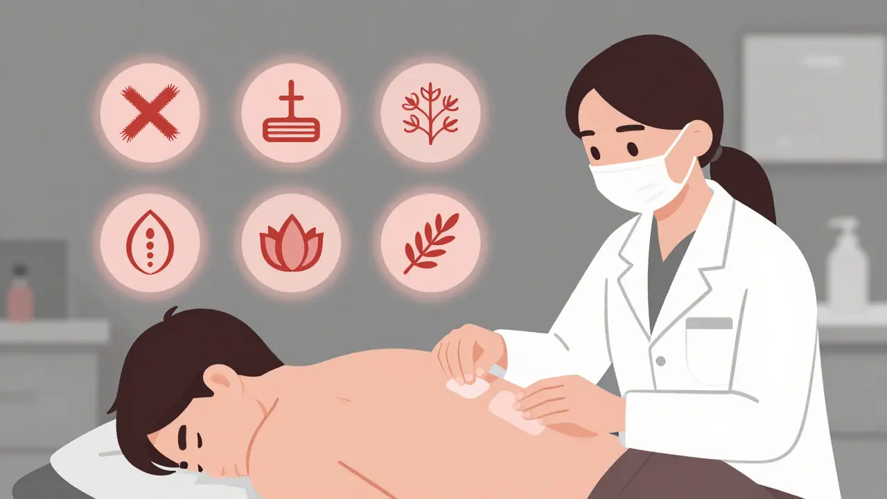 A dermatologist applies patch test patches to a patient's back with allergen icons floating above.