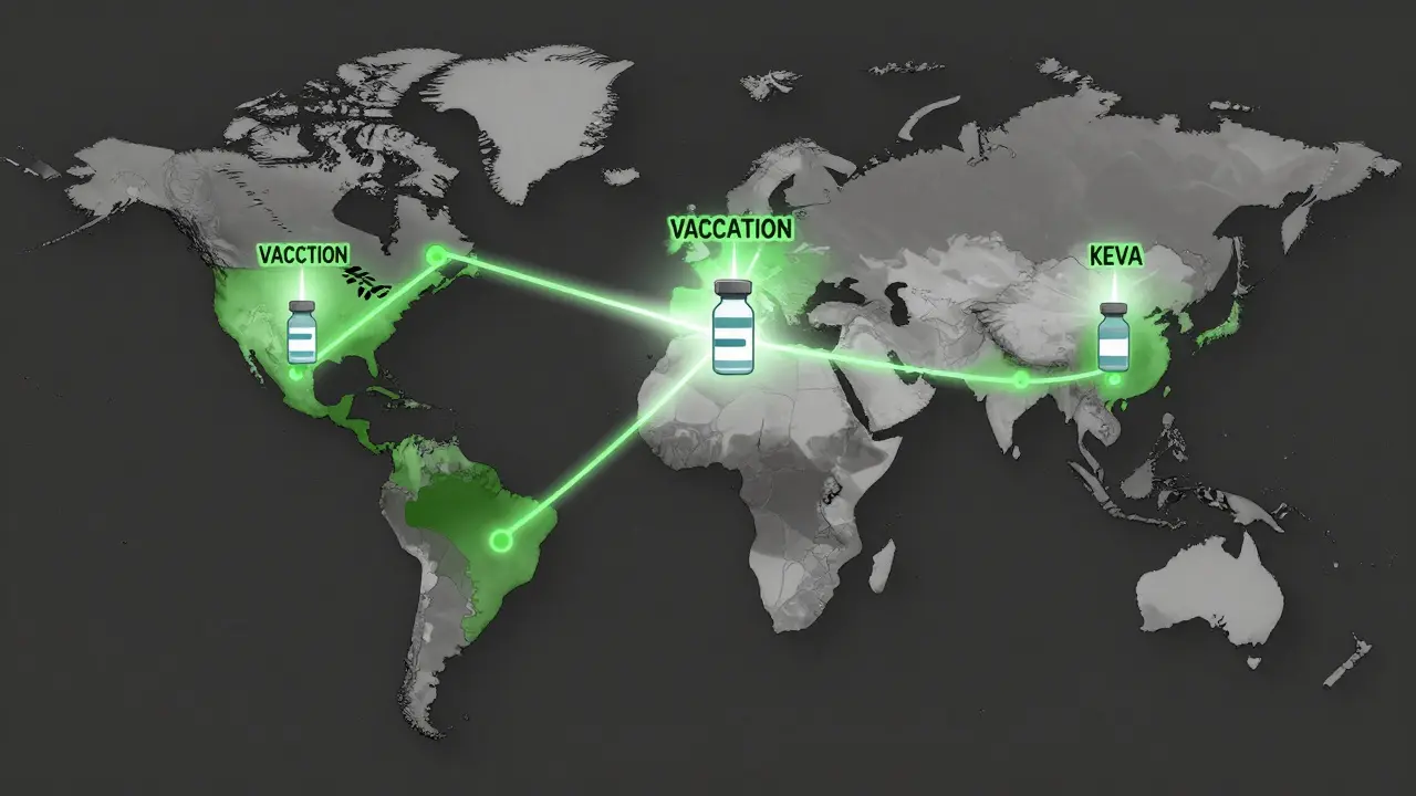 A global map showing high vaccination regions glowing green, with a single-dose vaccine beam uniting them.