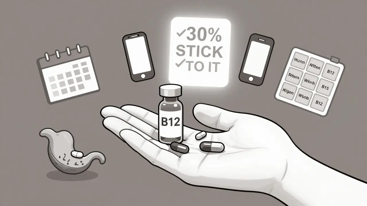 A person surrounded by pills, alarms, and a pill organizer, struggling to manage daily supplement routine.