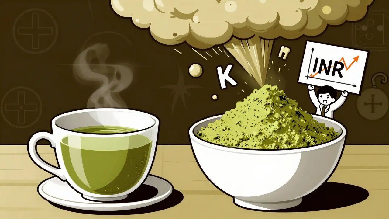 A side-by-side comparison of brewed green tea and matcha, with vitamin K particles surging from the matcha in duotone illustration.