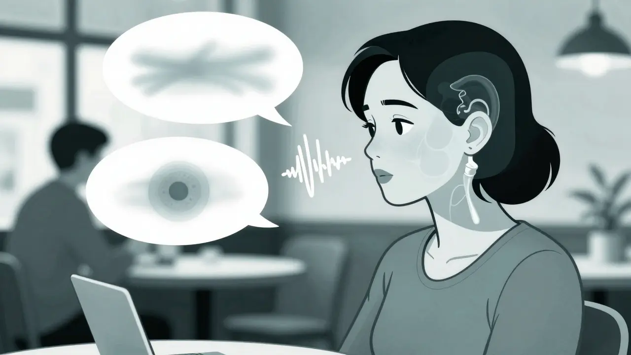 A woman in a café struggling to hear muffled conversations, with a transparent view of her stiffened stapes bone.