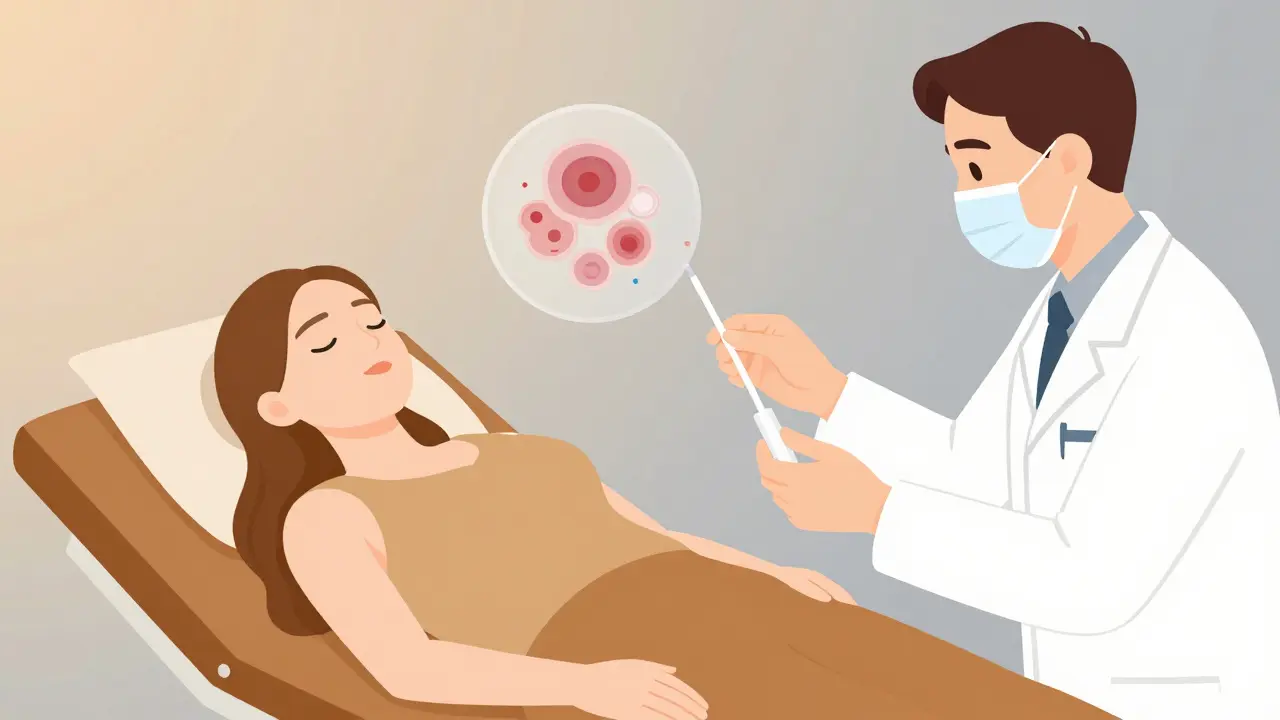 A woman using an at-home HPV self-sampling kit during a medical checkup, with cellular visuals nearby.