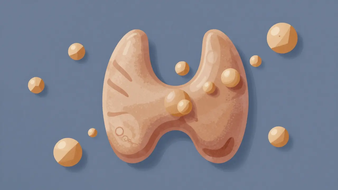 Abstract illustration of thyroid gland and iodine molecules.