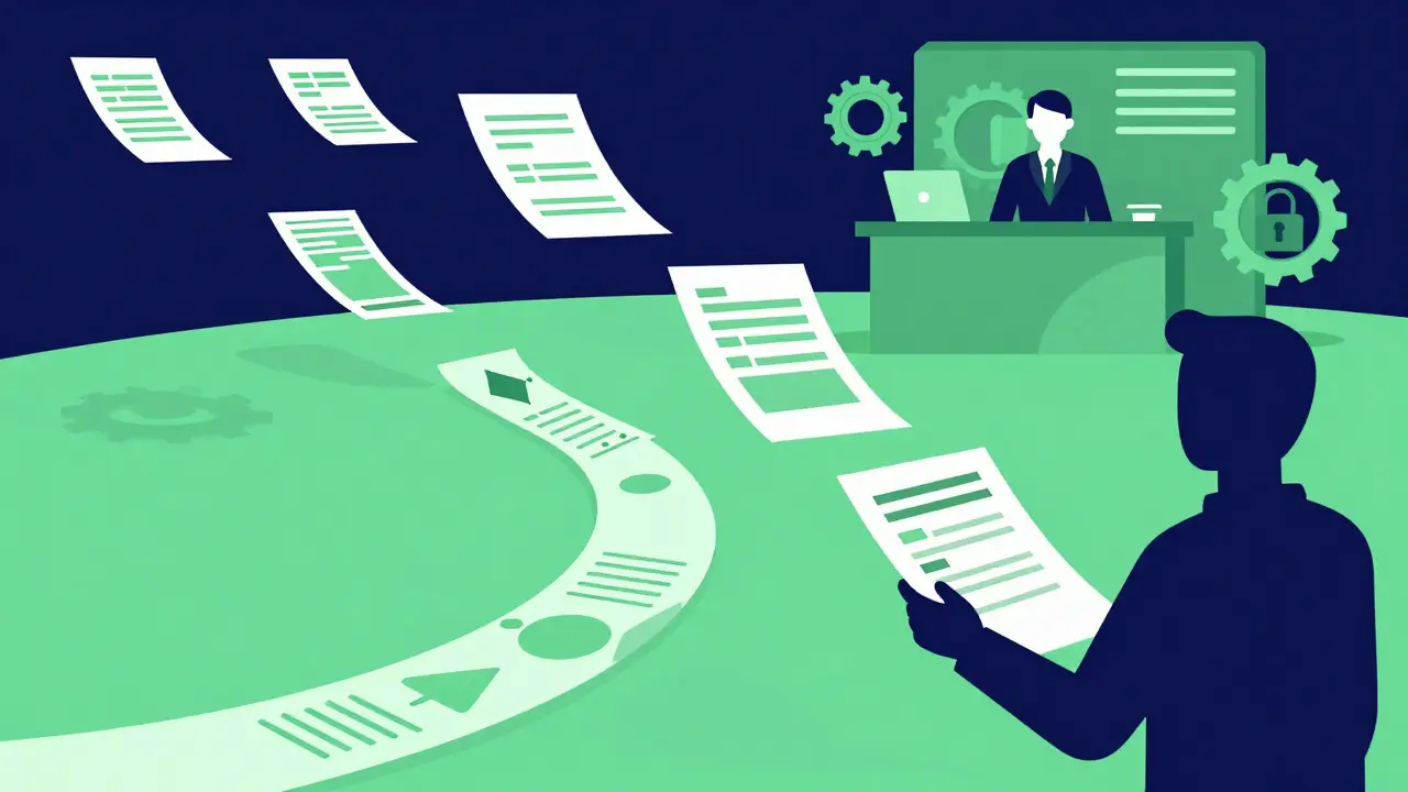 Cartoon patient navigating a maze of medical insurance paperwork.