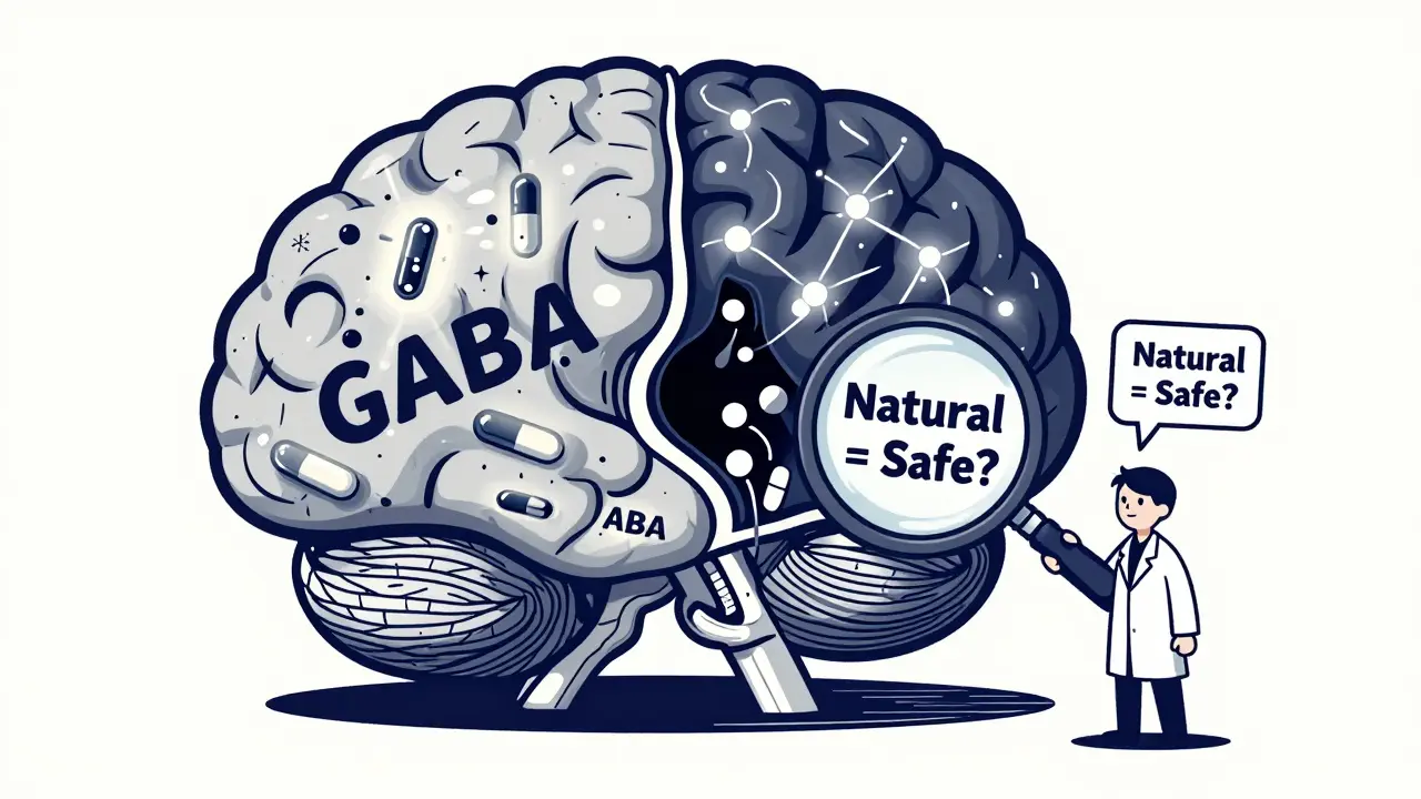Cross-section of a brain overwhelmed by GABA from valerian and drugs, with neurons dimming into a void.