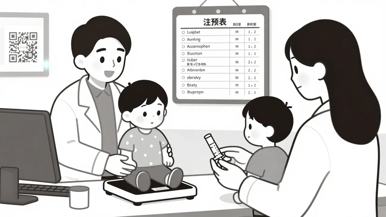 Mother weighing child on digital scale as pharmacist hands her a dosing syringe in pediatric clinic.