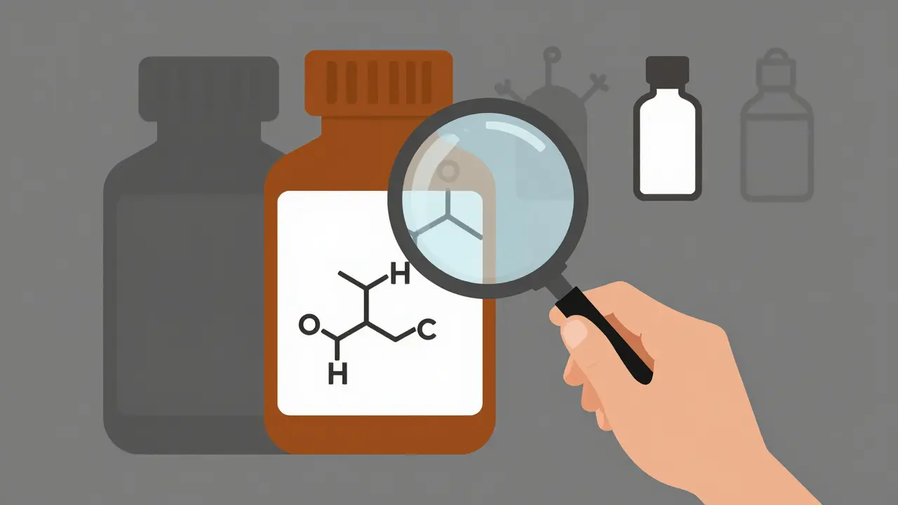 Person reading medicine label with magnifying glass