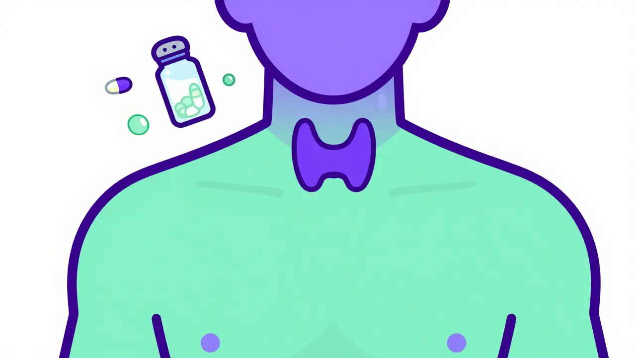 Person with neck focus near pills and salt shaker symbols.