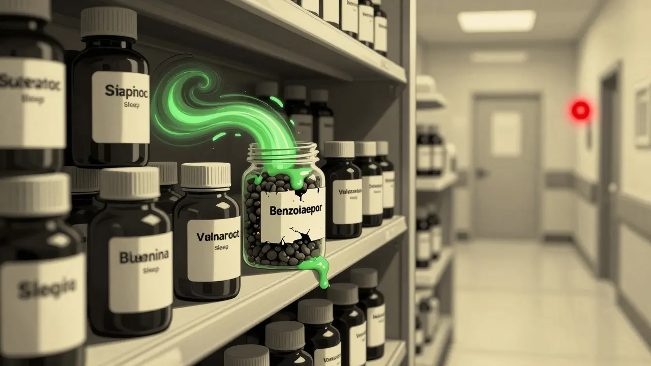 Pharmacy shelf with prescription meds and valerian jar leaking fluid that merges into a dark vortex.