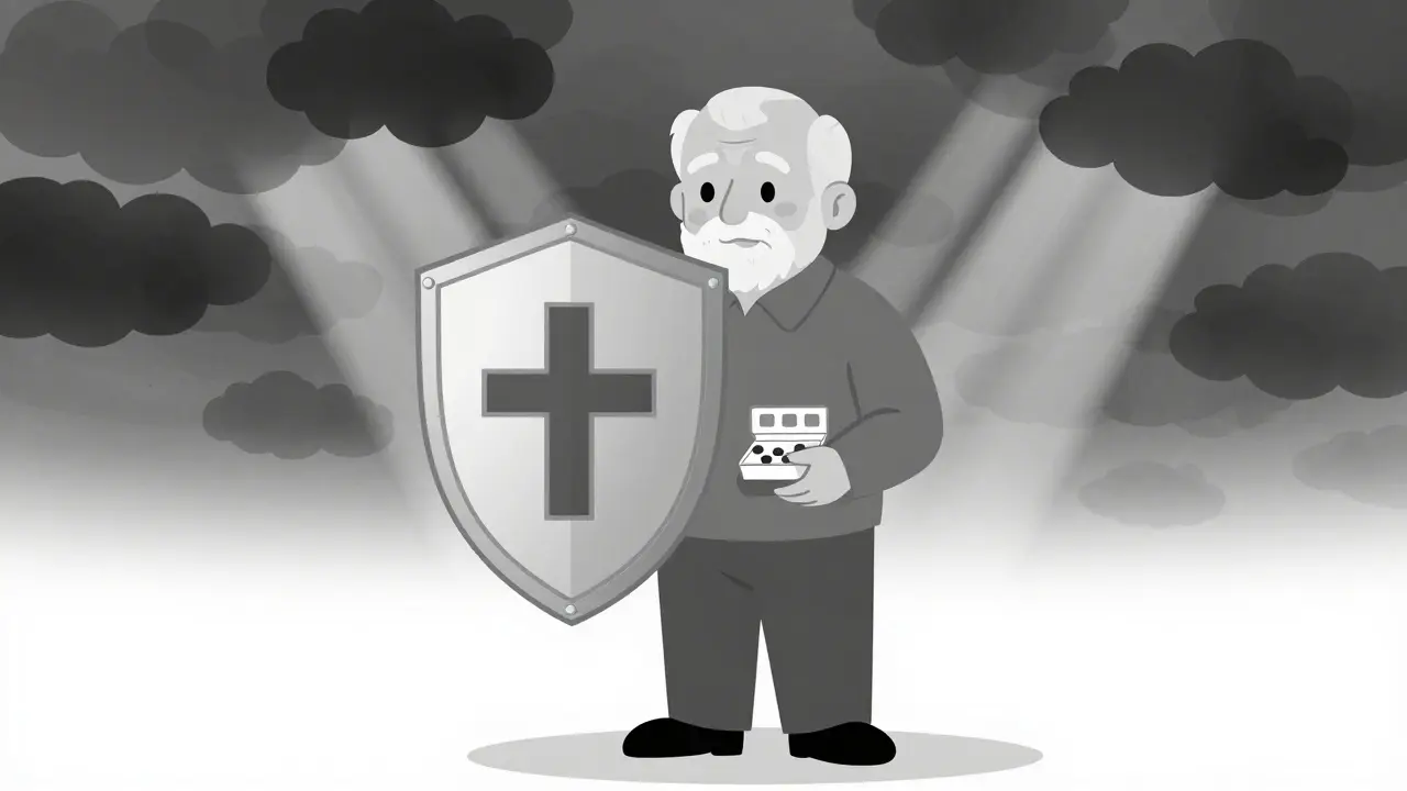 Senior citizen holding a protective shield against medical costs.