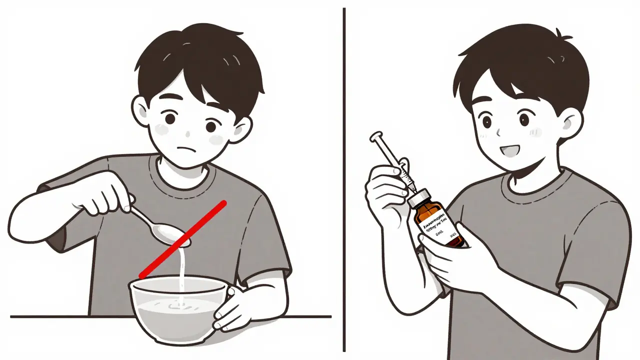 Split image: kitchen spoon with red X vs. calibrated syringe measuring medicine accurately from labeled bottle.