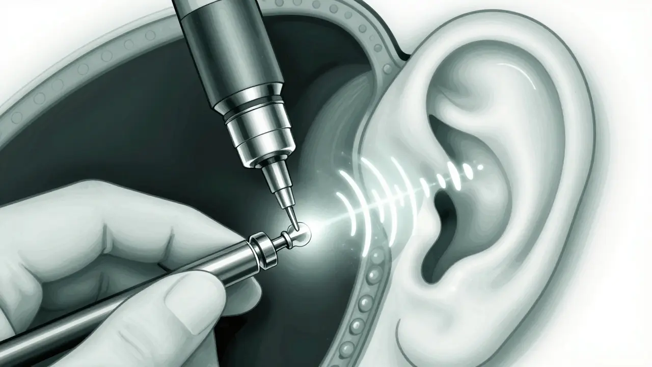 Surgeon inserting a tiny titanium prosthesis into the stapes to restore sound transmission in the middle ear.