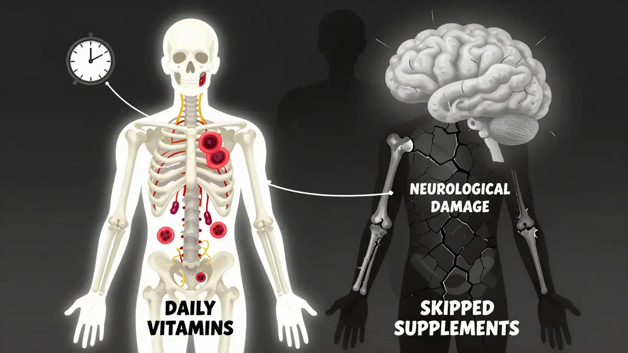 Two sides of a body: one healthy with vitamins, the other damaged by deficiencies from skipped supplements.