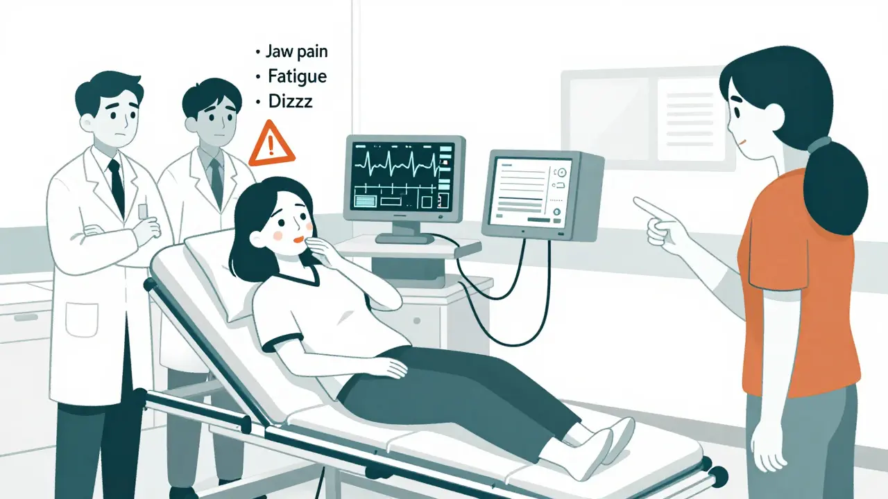 Woman in emergency room ignored by doctors despite clear heart attack symptoms.