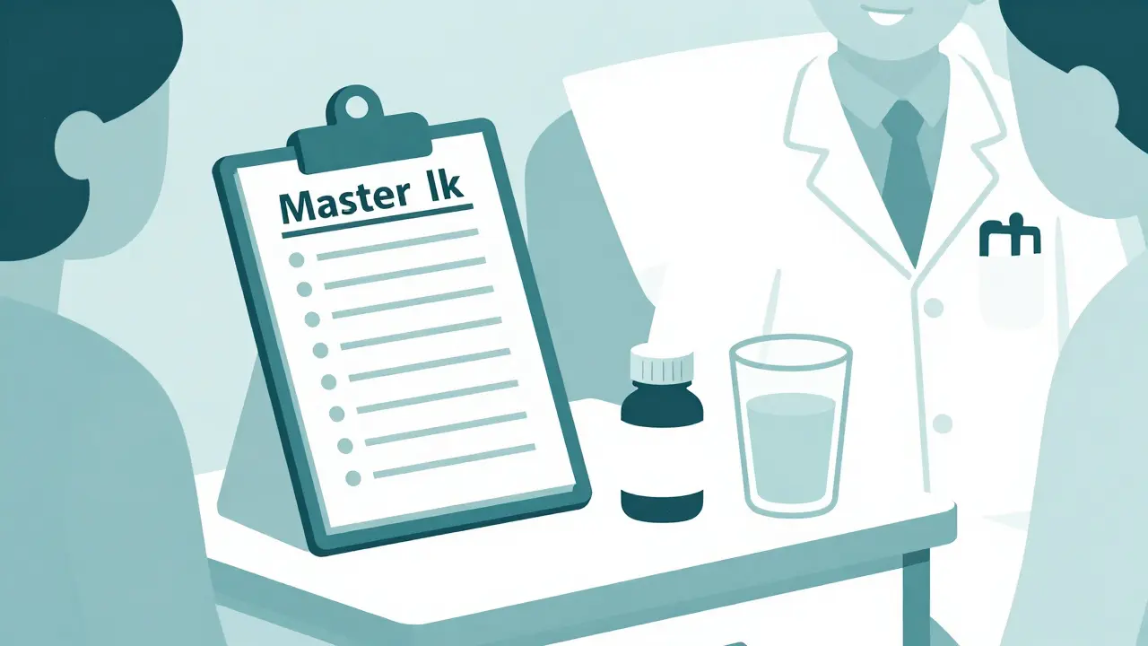 A master list of medications and a pill bottle on a bedside table.