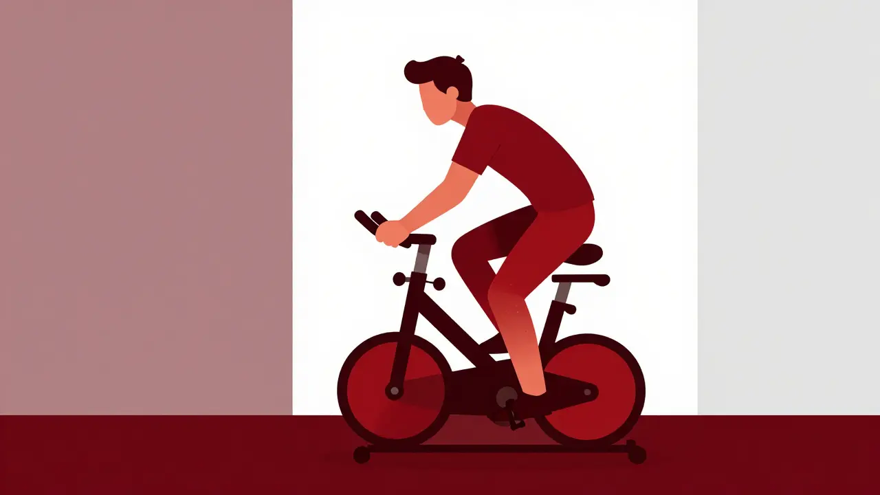 A person cycling on a stationary bike, moving from a dark area into bright light.