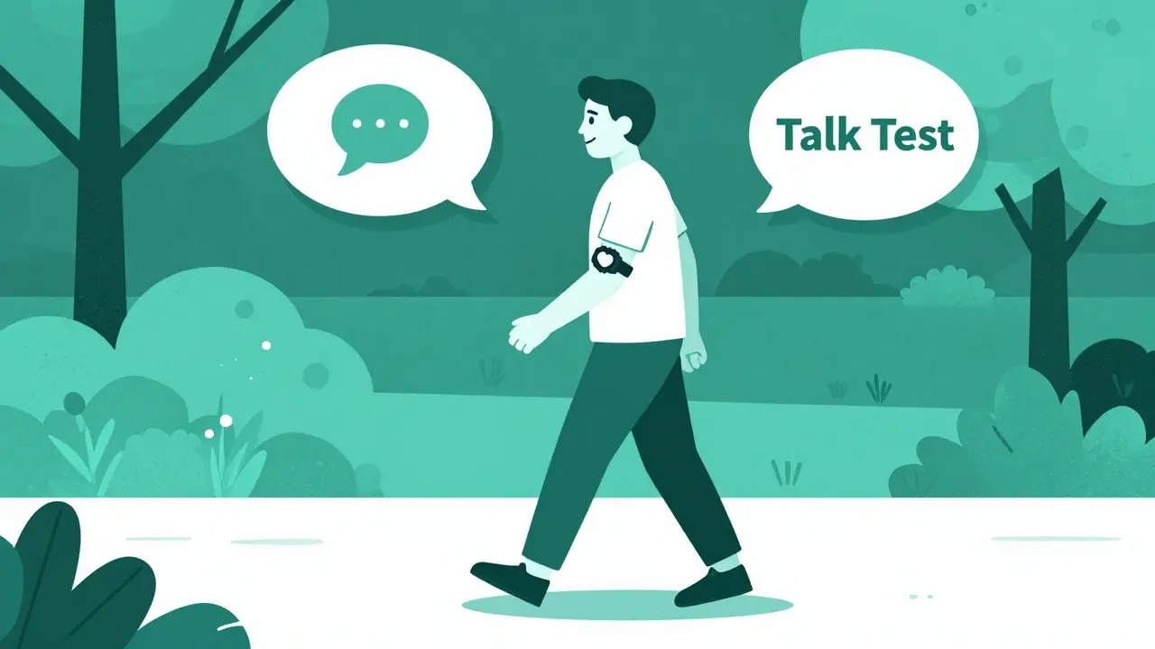 A person walking in a park while using the talk test to monitor exercise intensity.