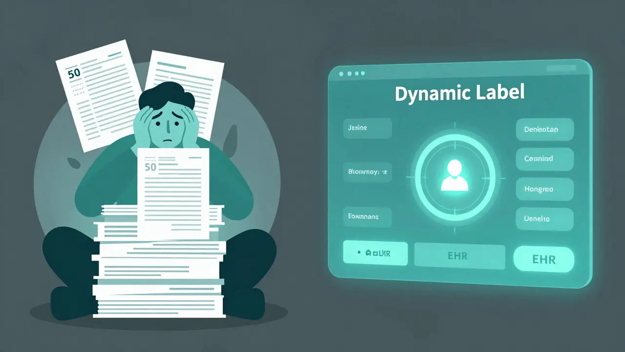 Comparison between a stack of old paper drug labels and a modern digital dynamic labeling interface.