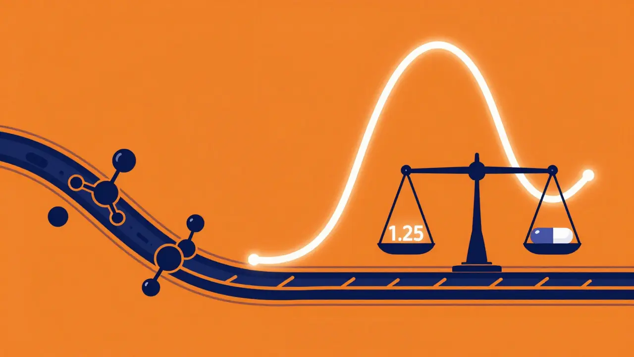 Conceptual graphic of a bloodstream and an AUC curve showing the 1.25 drug interaction threshold.